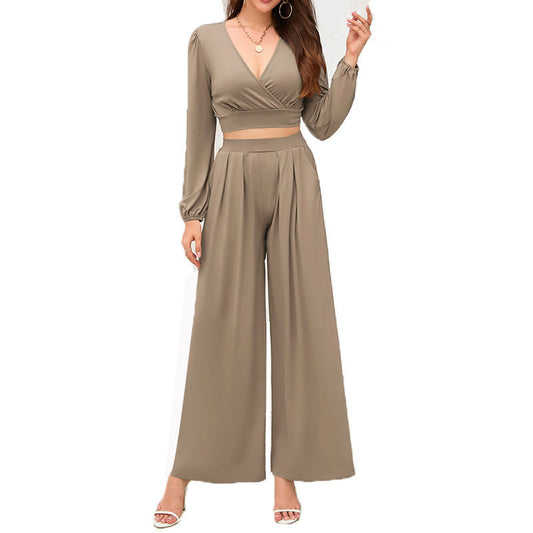 V-neck Long Sleeve /Wide Leg Pants Set