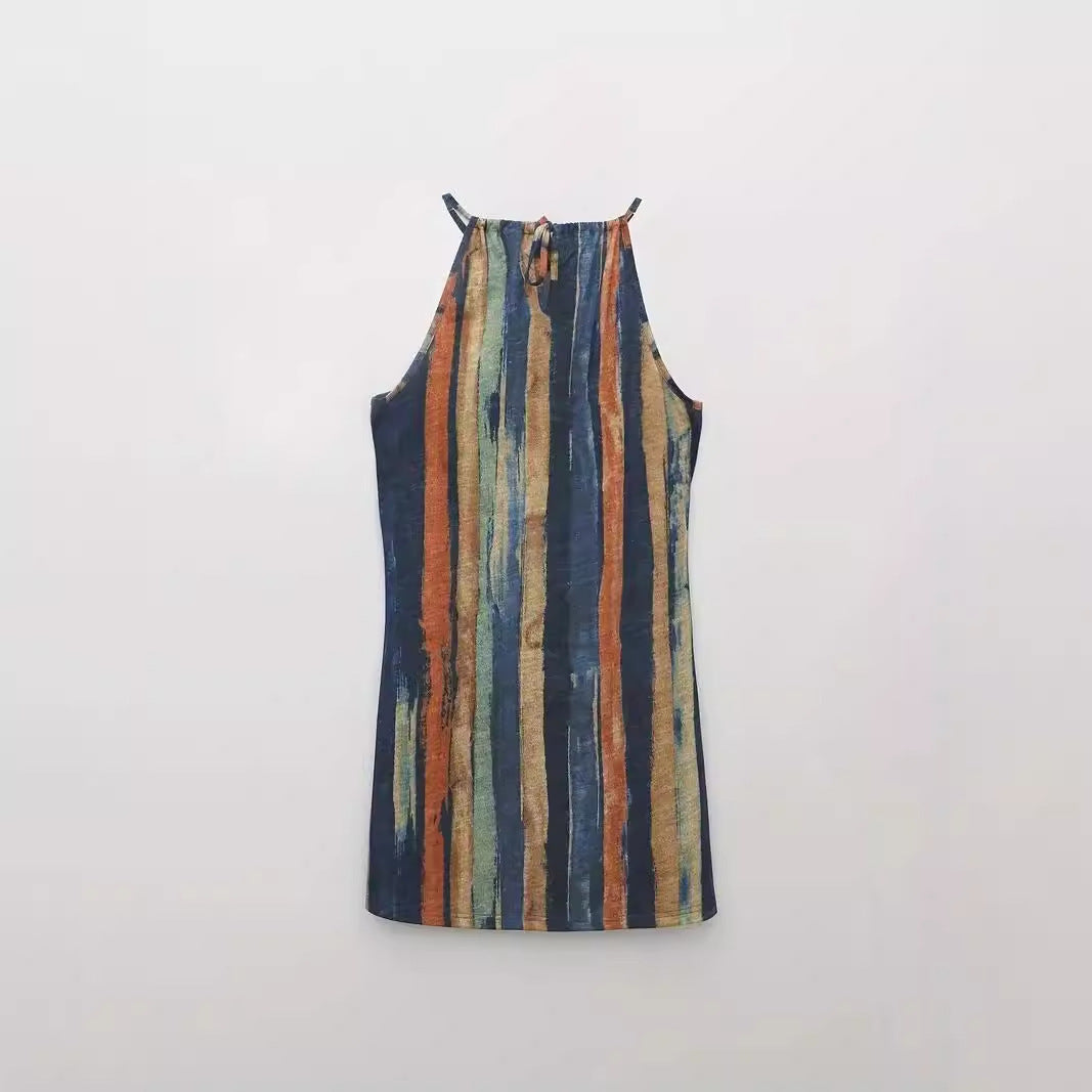 Spaghetti-strap Stripe Print Halter Neck Dress