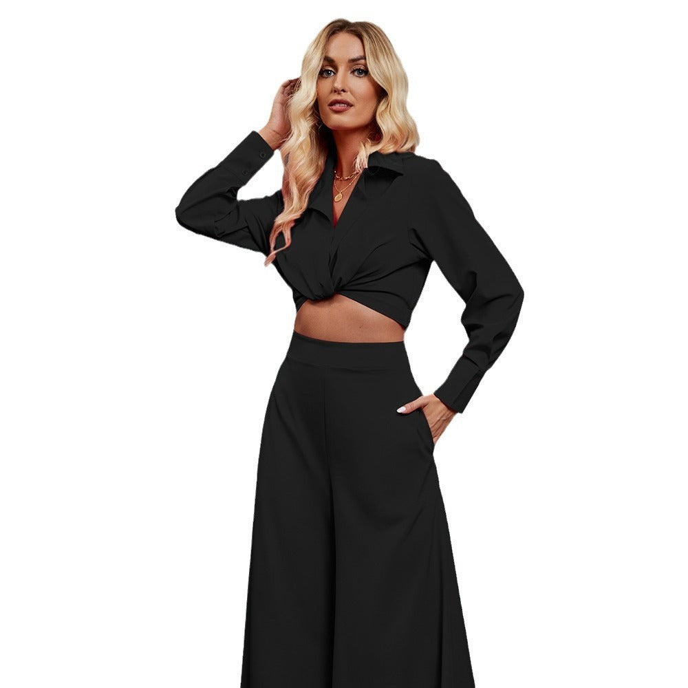 Fashion Long Sleeve Crop Top w/ Wide-leg Pants Women's Two-piece Suit