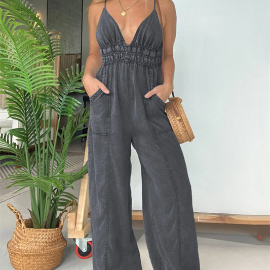 Women's Casual Stylish Adjustable Elastic Waist Loose Jumpsuit