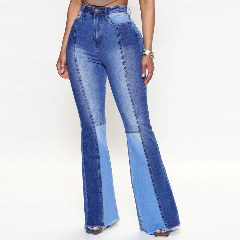 Contrast Color High Waist Wash Fashion Flared Jeans