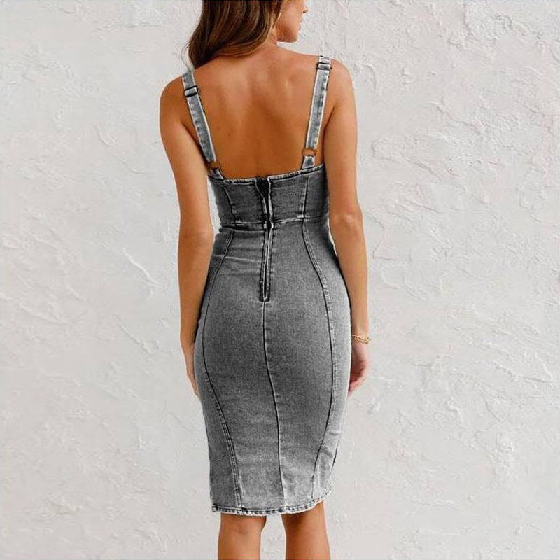 Denim Slim Fitting Dress w/ Suspenders