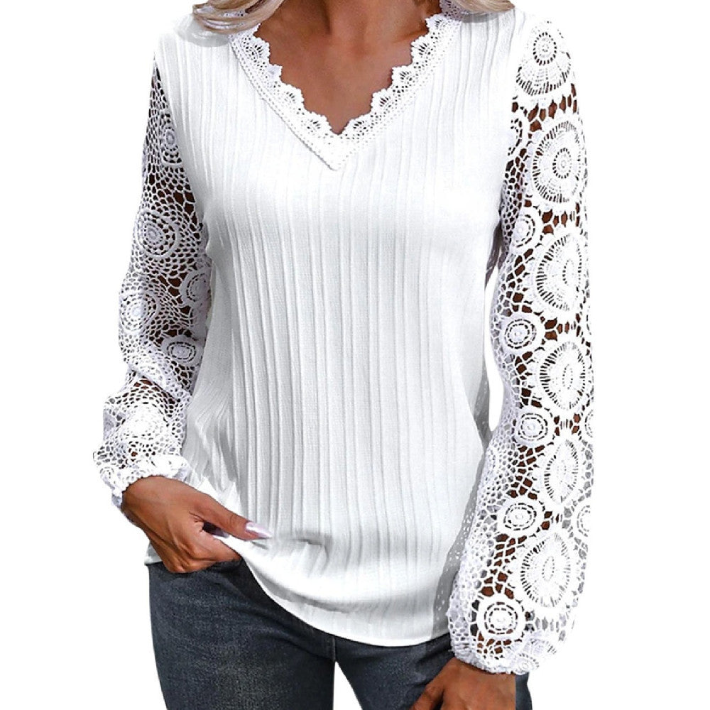 V-neck Casual Loose Women's Lace Bottoming Shirt Long Sleeve