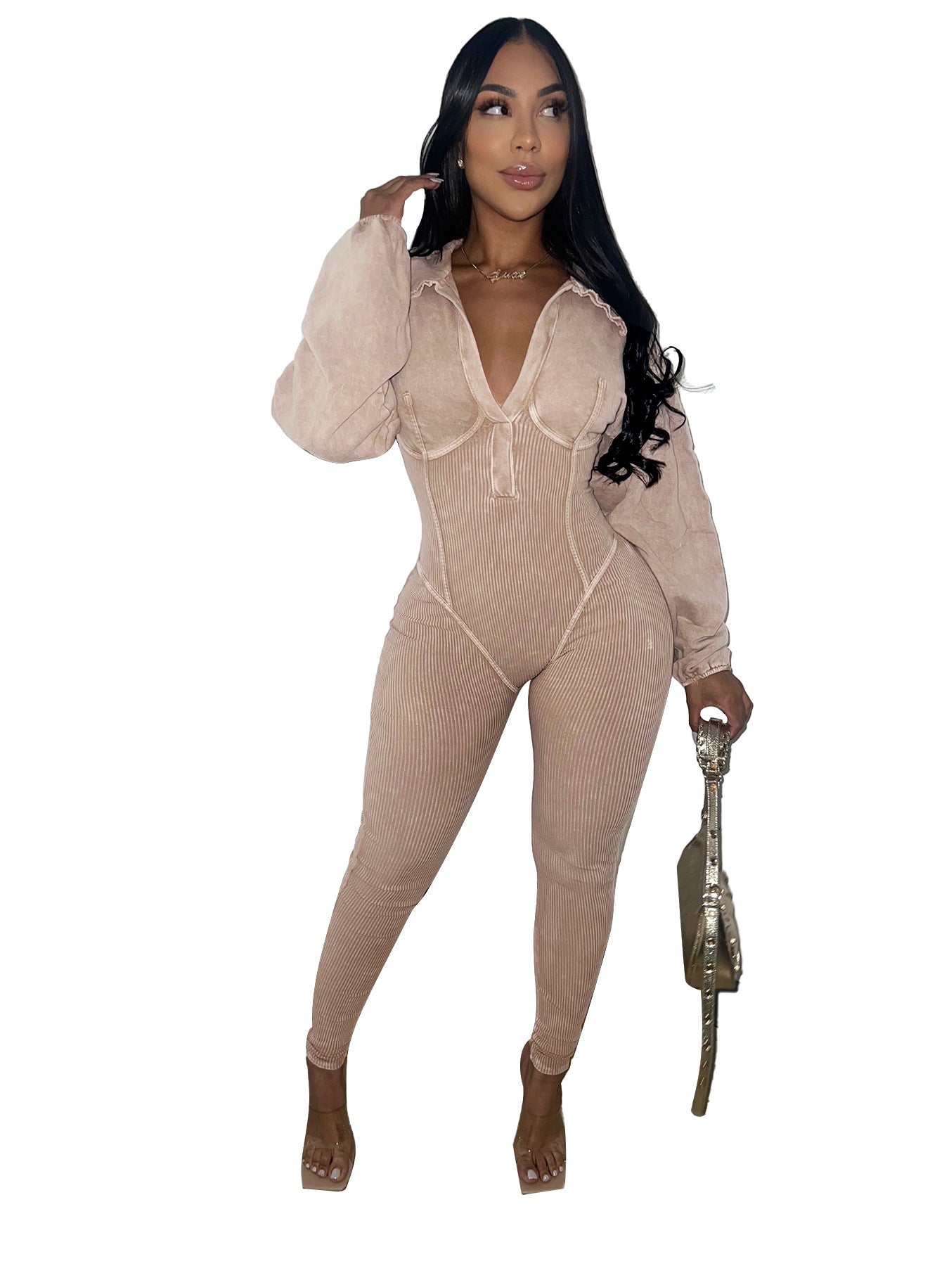 Versatile Washed Distressed Long Sleeve Jumpsuit