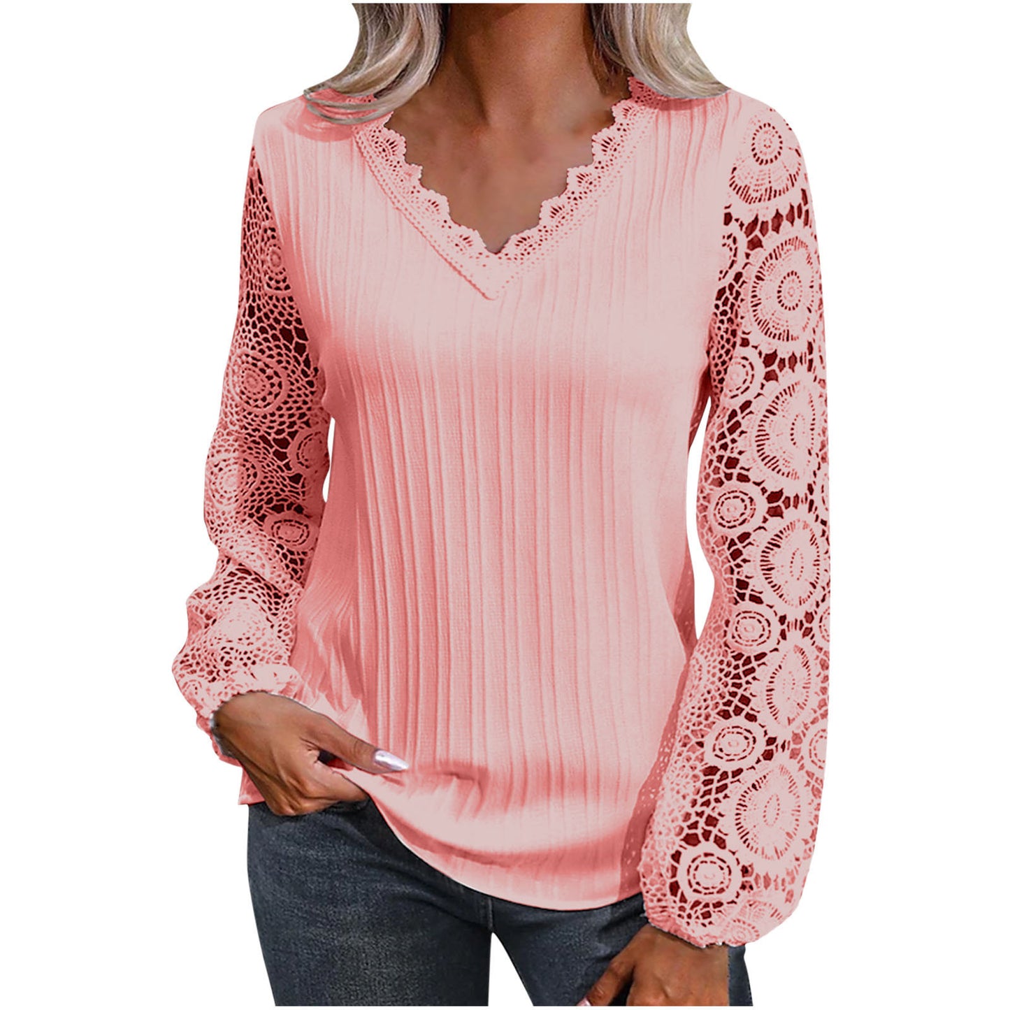 V-neck Casual Loose Women's Lace Bottoming Shirt Long Sleeve