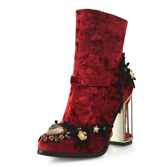 Ankle Heel Boots w/ Side Zipper and Beaded Embroidery