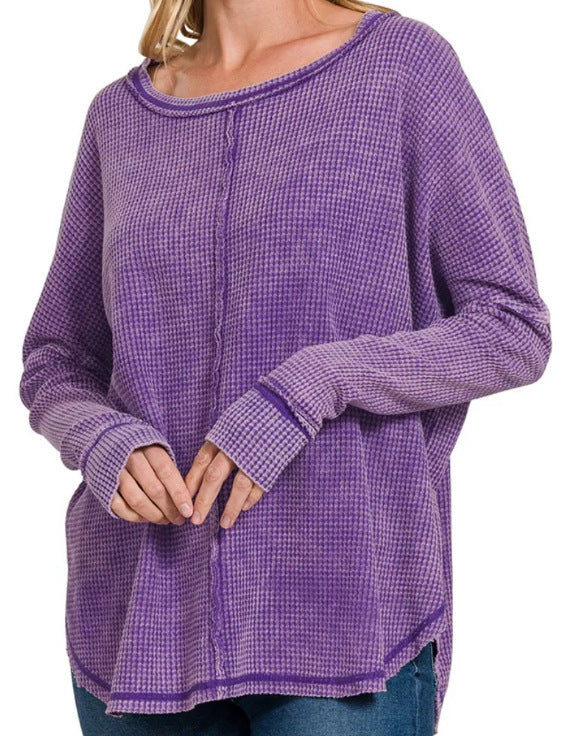 Women's Washed Waffle Back-stitched Long-sleeved Top