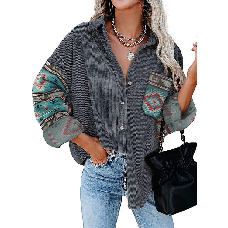 Printed Lapel Loose Fitting Blouse