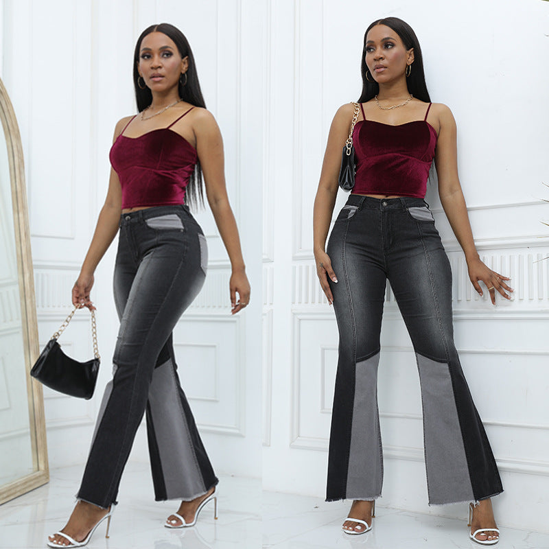 Contrast Color High Waist Wash Fashion Flared Jeans