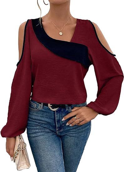 Off-the-shoulder Stitching Pullover Diagonal Collar Long Sleeve Loose Shirt