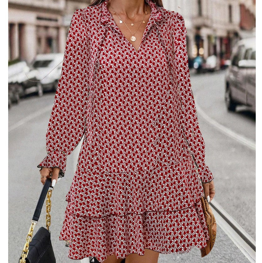 Bohemian Printed V-neck Lace-up Long Sleeve Dress