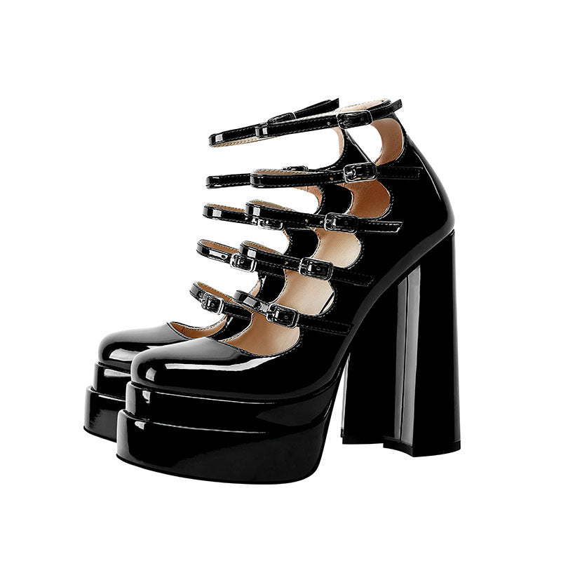 Patent Leather Waterproof Platform Buckle High Heels