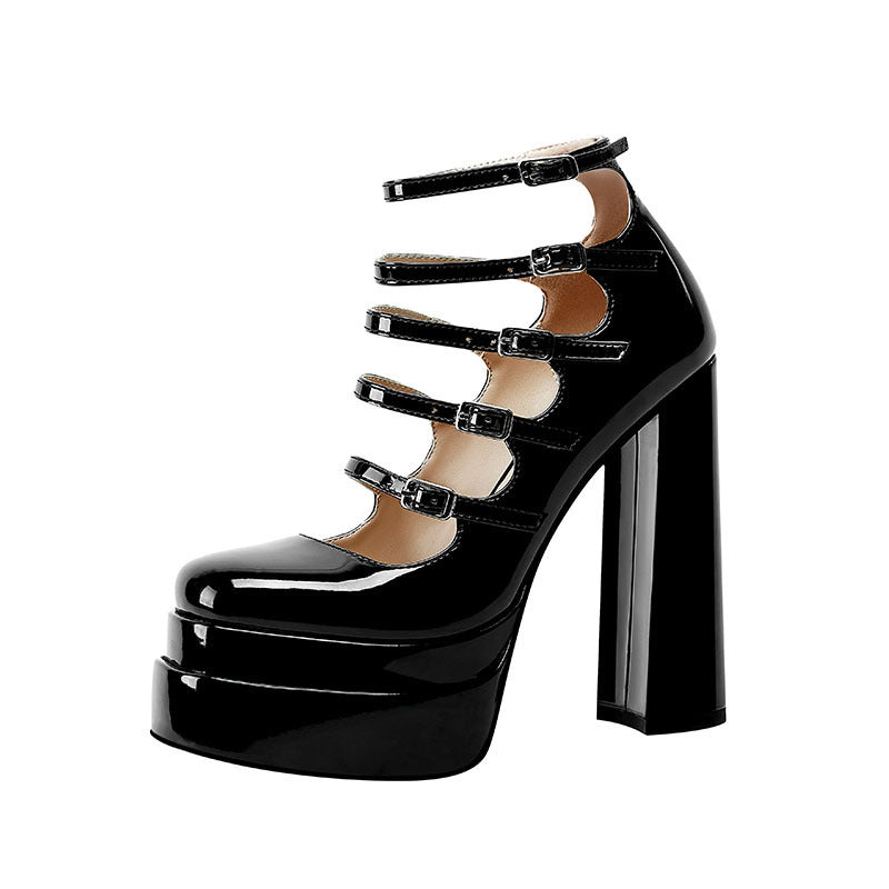 Patent Leather Waterproof Platform Buckle High Heels