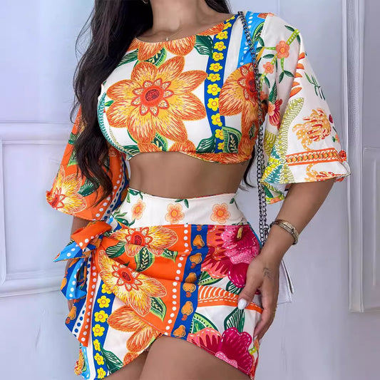 Floral Print Backless Lace Up Casual Suit