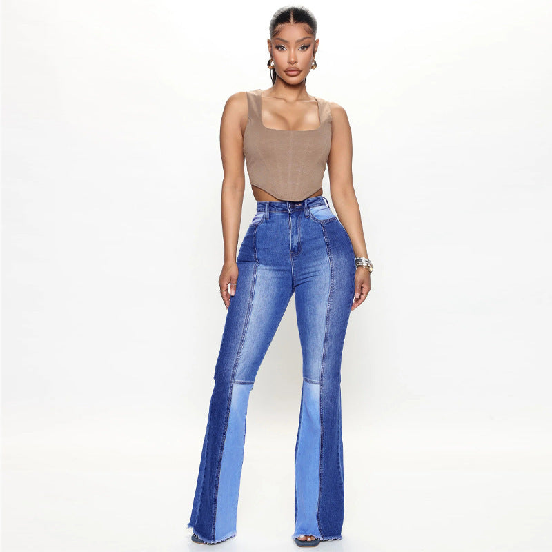 Contrast Color High Waist Wash Fashion Flared Jeans