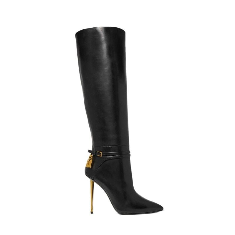 Calf High Gold Heel Stiletto Boots