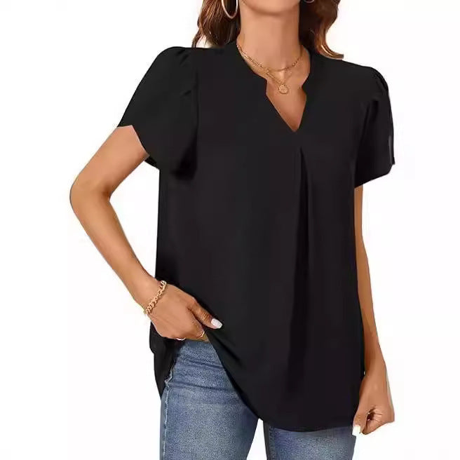 Simple Fashion Loose V-neck Petal Sleeve Short Sleeve Shirt