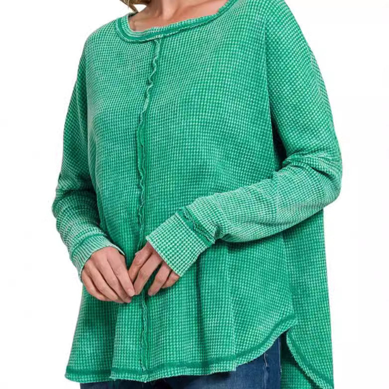 Women's Washed Waffle Back-stitched Long-sleeved Top