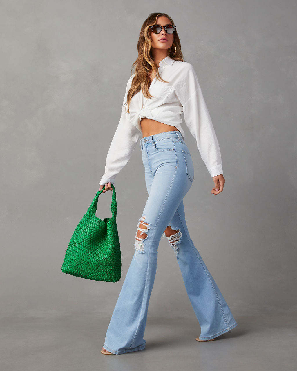 Fringed Knee Blue Jean Wide-leg Pants