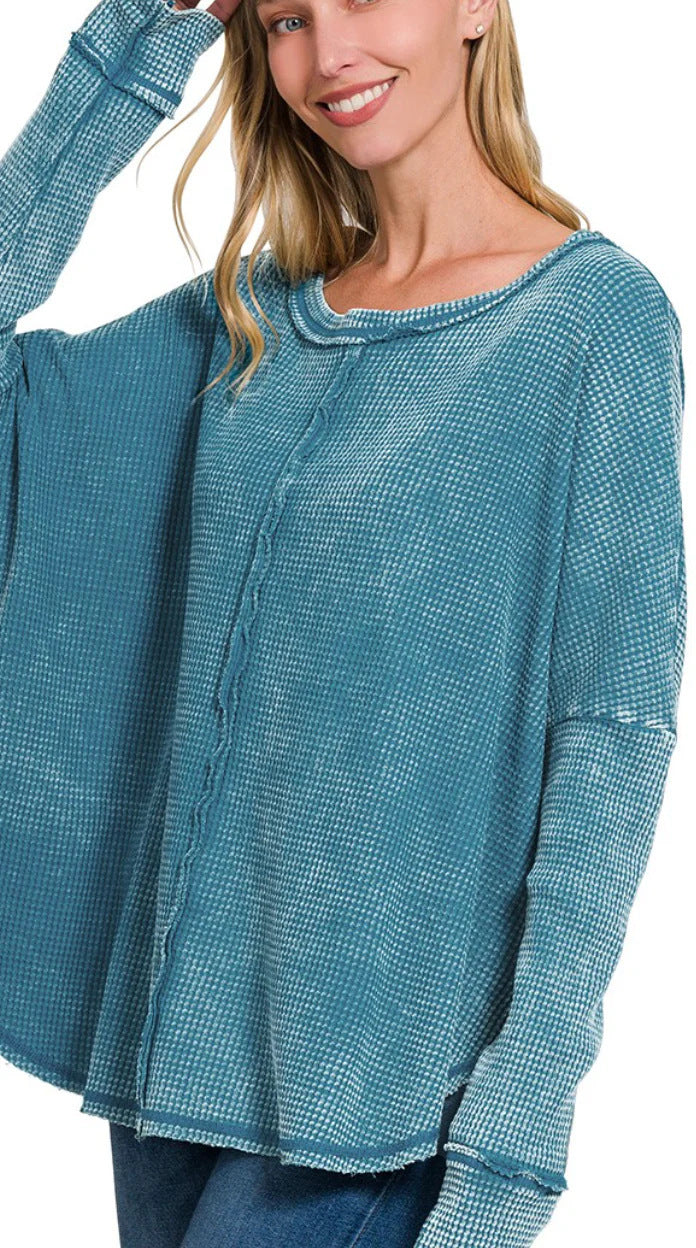 Women's Washed Waffle Back-stitched Long-sleeved Top