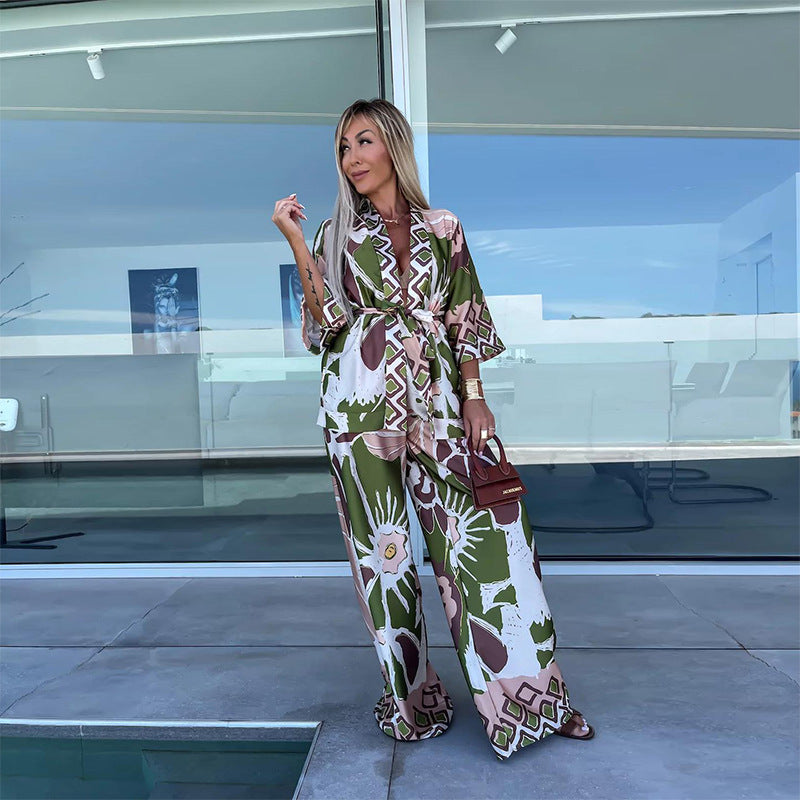 Printed Cropped Sleeve  Wide Leg Pants Suit