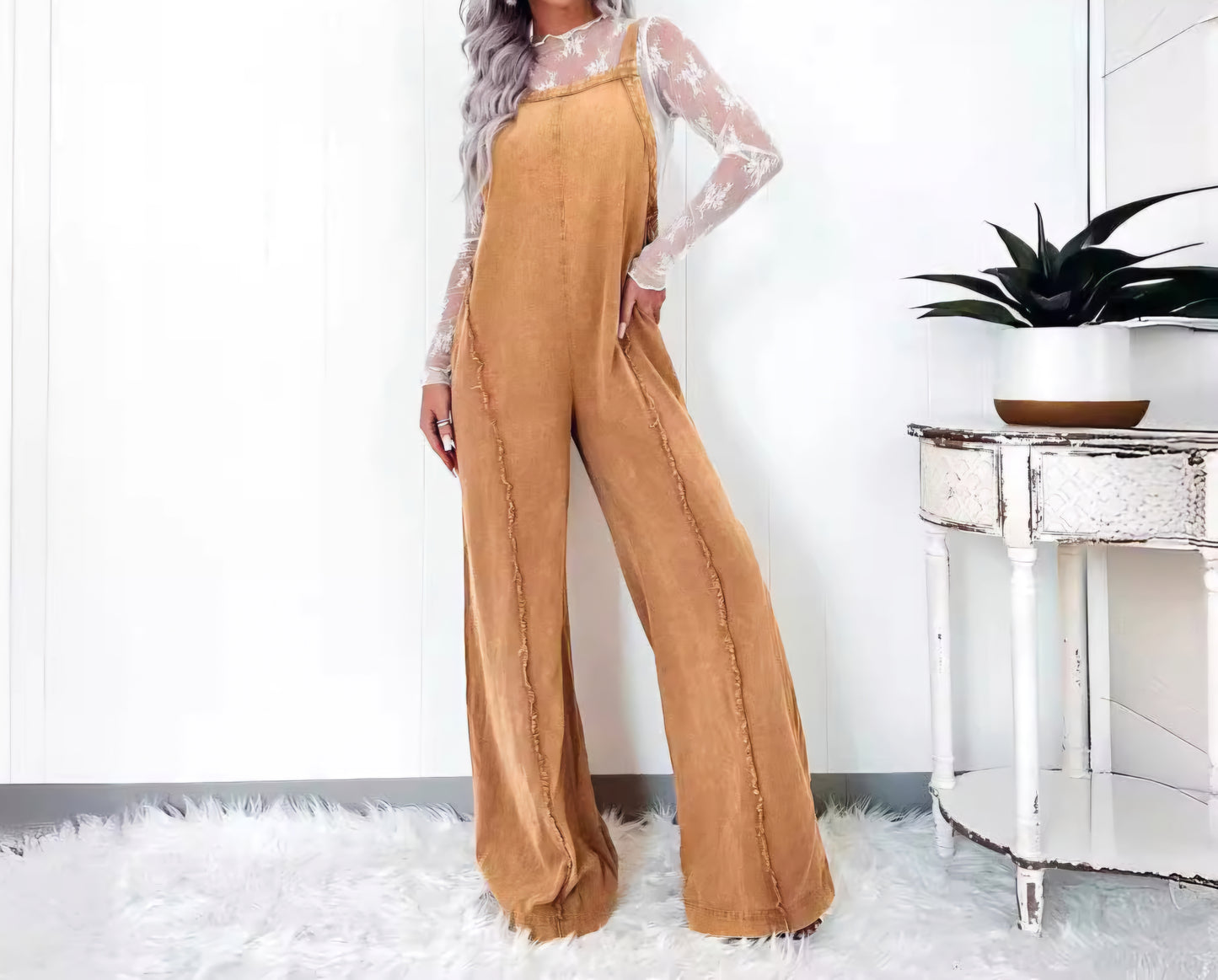 Retro Washed Wide-leg Suspender Jumpsuit