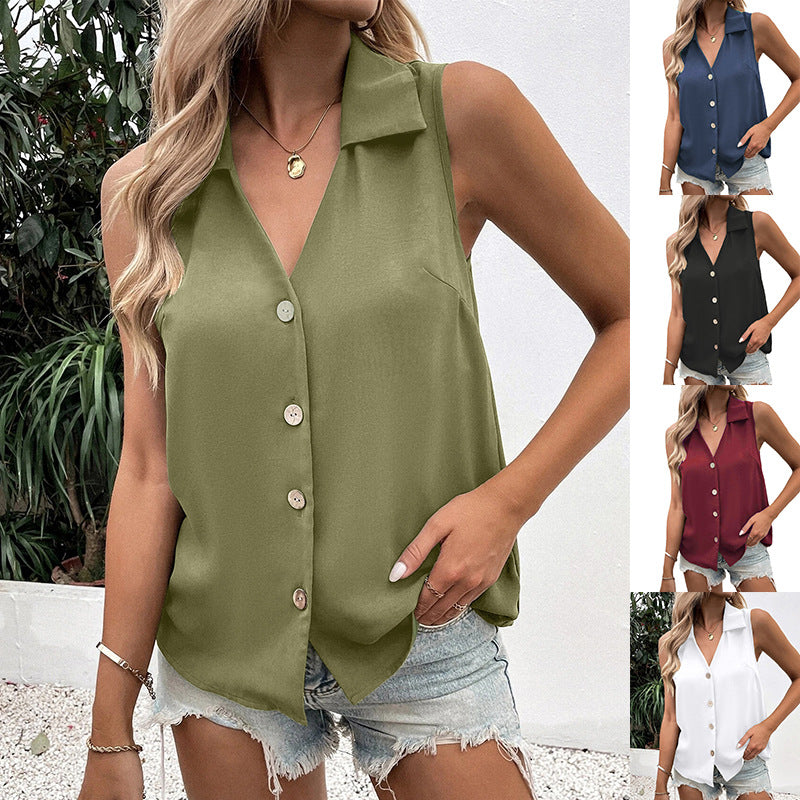 Solid Color V-neck Loose Chiffon Shirt Sleeveless Button Vest