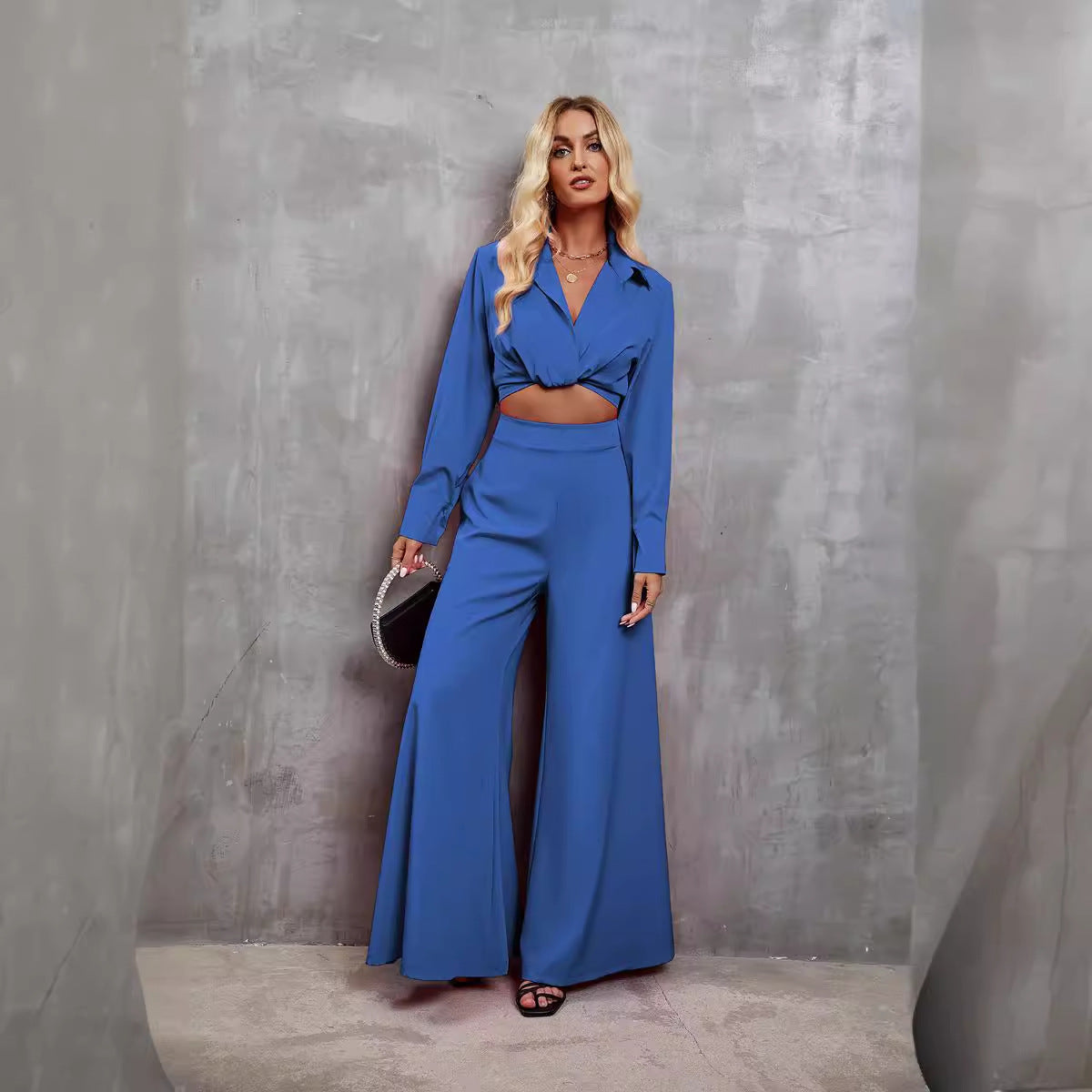 Fashion Long Sleeve Crop Top w/ Wide-leg Pants Women's Two-piece Suit