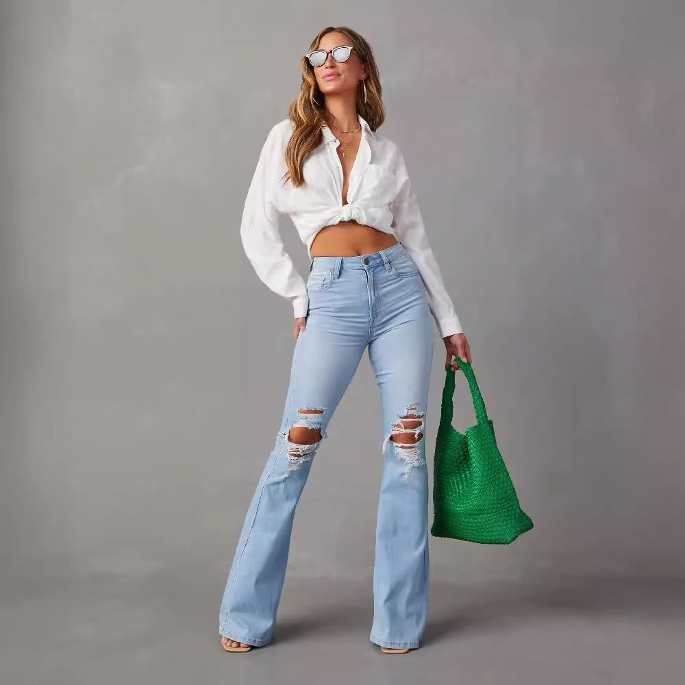 Fringed Knee Blue Jean Wide-leg Pants