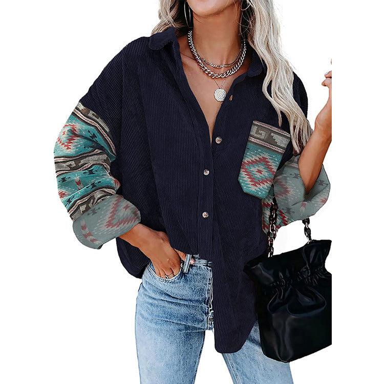 Printed Lapel Loose Fitting Blouse