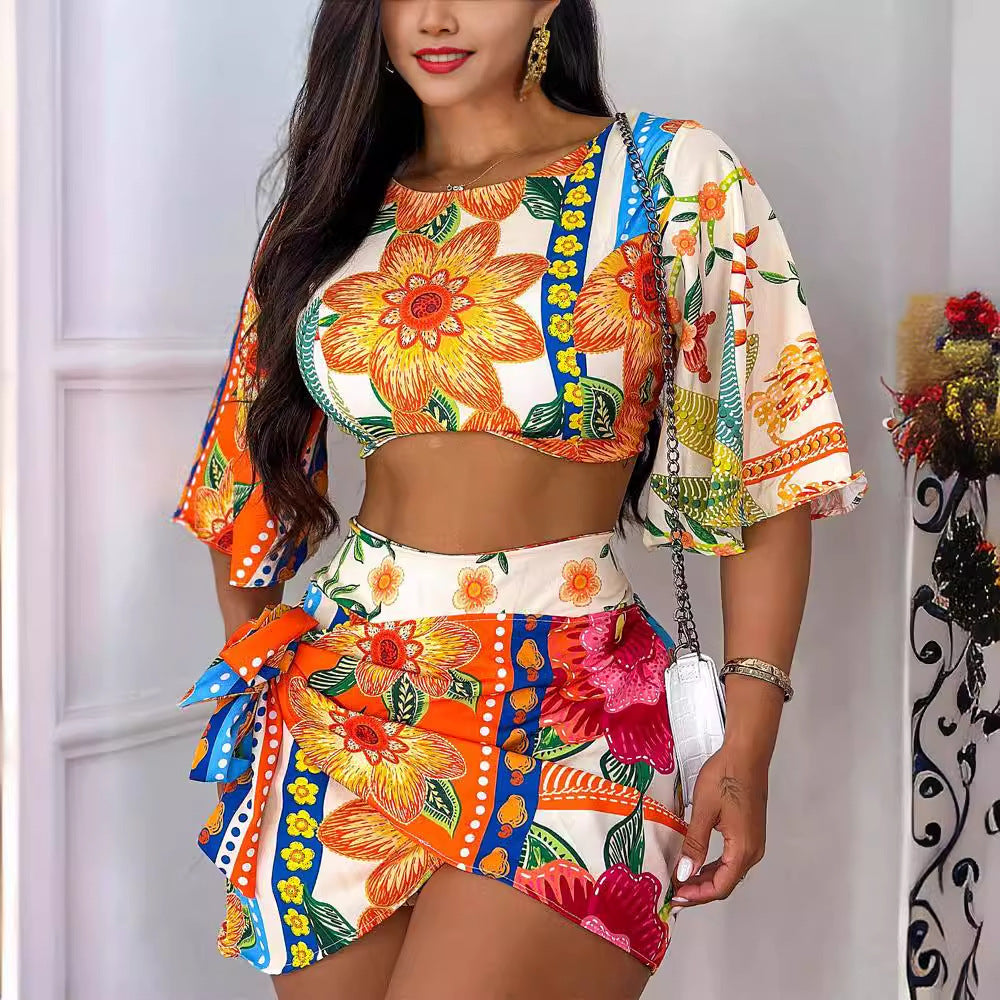 Floral Print Backless Lace Up Casual Suit