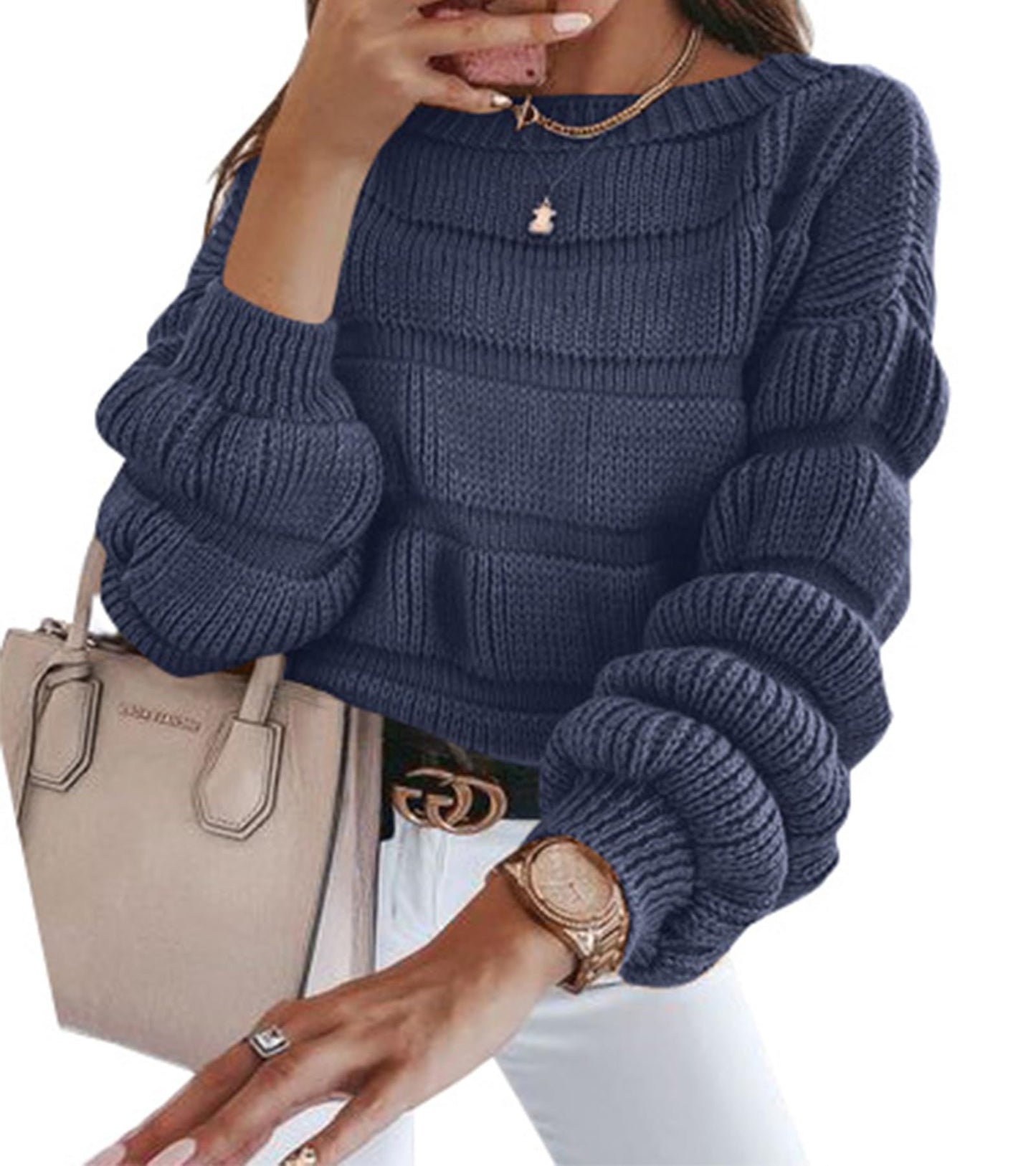 Women's Sweater Casual Round Neck Pullover Long Sleeve Loose Quality Thick Knitted Cute Top