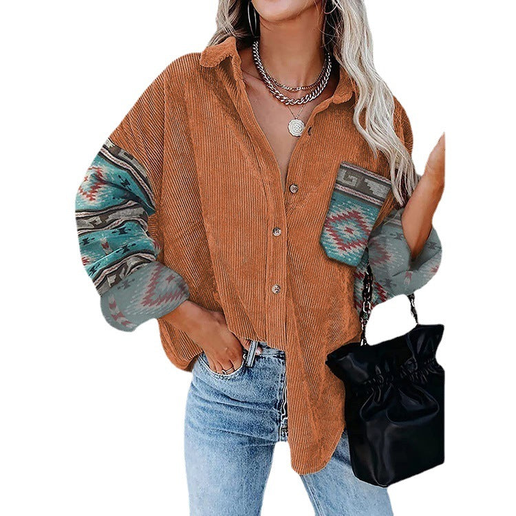 Printed Lapel Loose Fitting Blouse