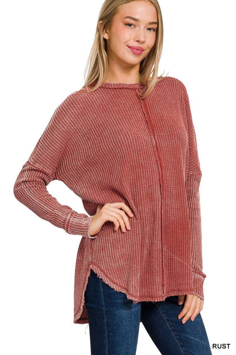 Women's Washed Waffle Back-stitched Long-sleeved Top