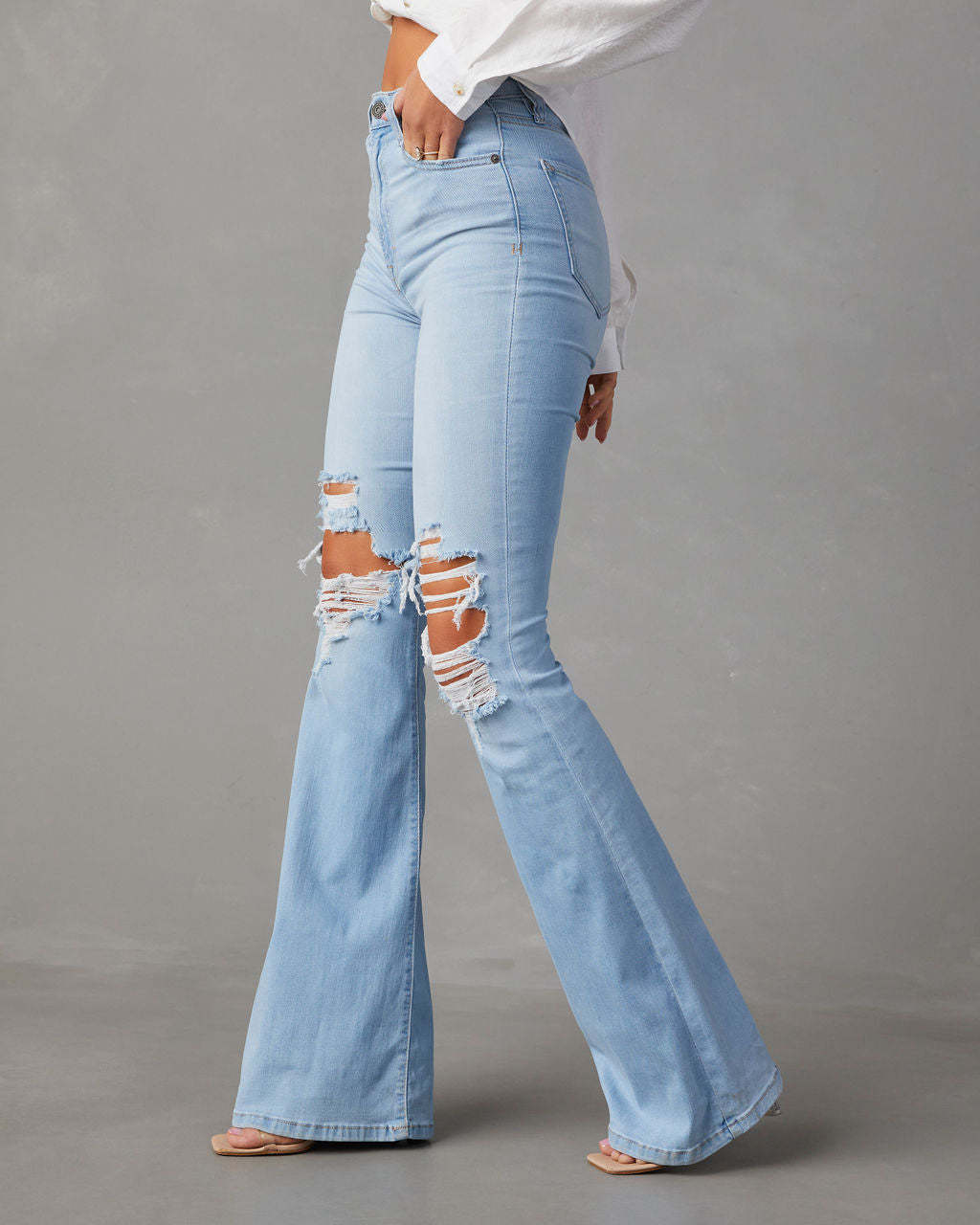 Fringed Knee Blue Jean Wide-leg Pants