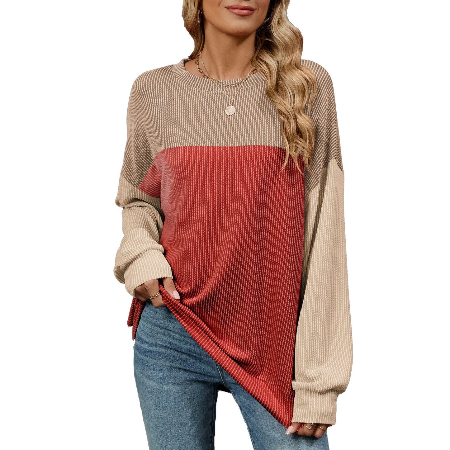 Fashion Contrast-color Round Neck Long Sleeve Casual Shirt For Womens Clothing