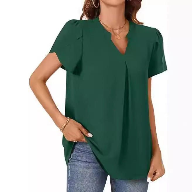 Simple Fashion Loose V-neck Petal Sleeve Short Sleeve Shirt