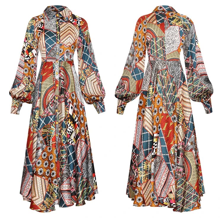 Lapel Long Sleeve Vintage Print Dress