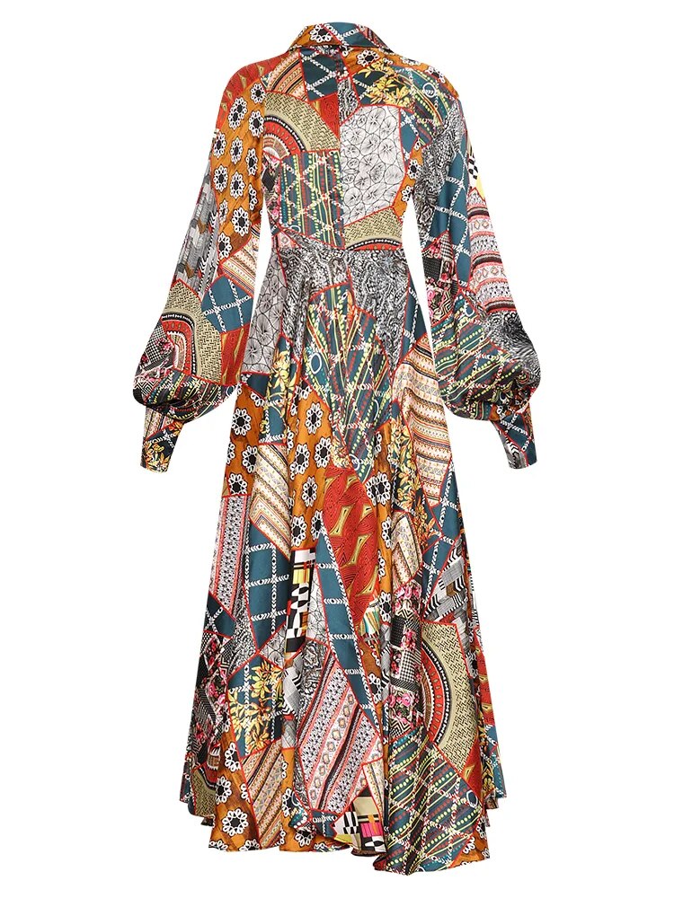 Lapel Long Sleeve Vintage Print Dress