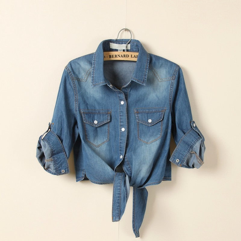 Denim Shirt Short Sleeve Crop Top