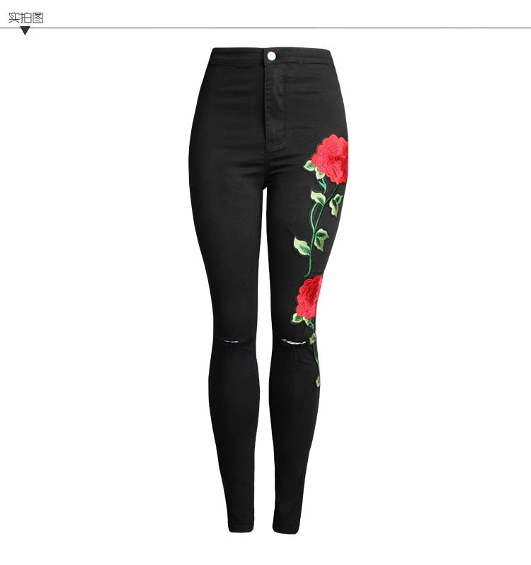 High Waist Black Embroidery Jeans