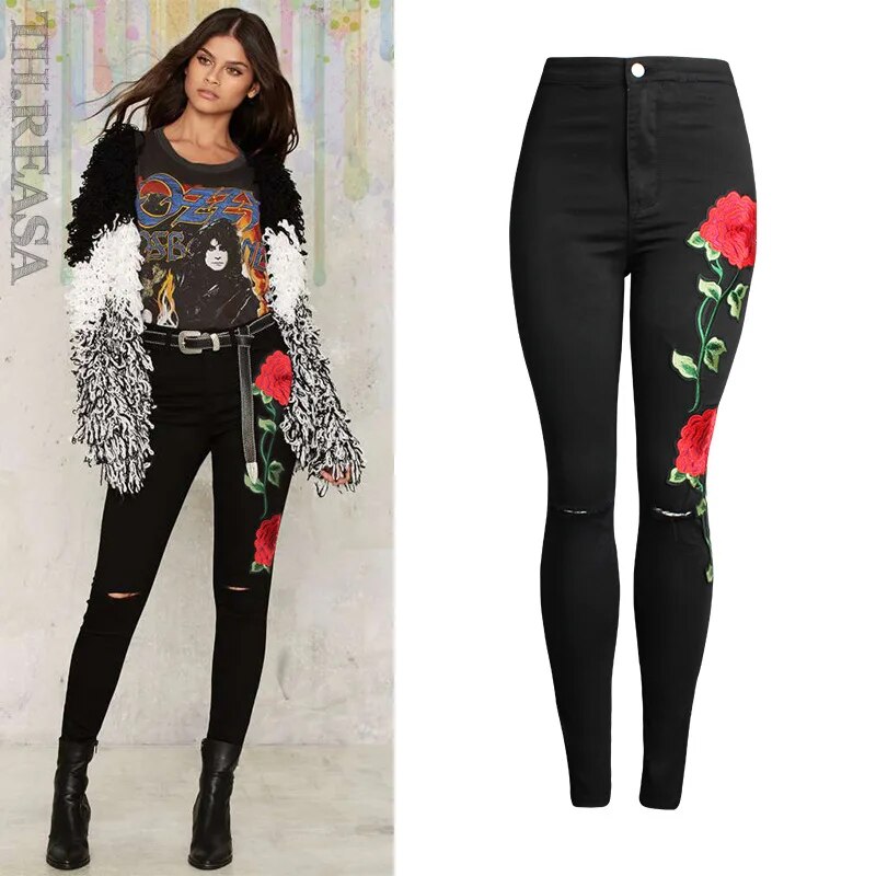 High Waist Black Embroidery Jeans