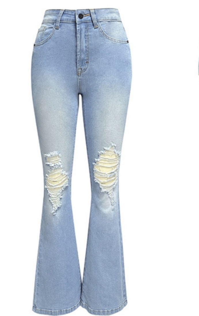 Fringed Knee Blue Jean Wide-leg Pants