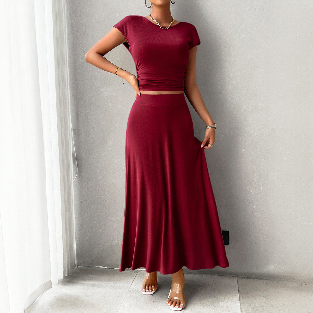 Short Sleeve Temperament Pure Color Skirt Set