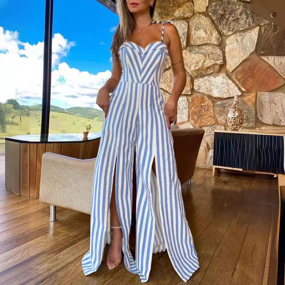 Lace-up Slit Striped Jumpsuit