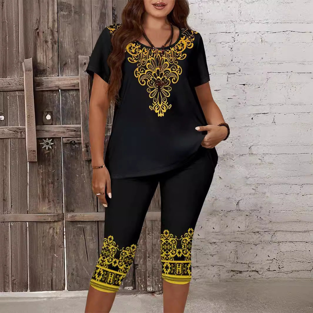 Plus Size Women's Two-piece Printed Round Neck Suit