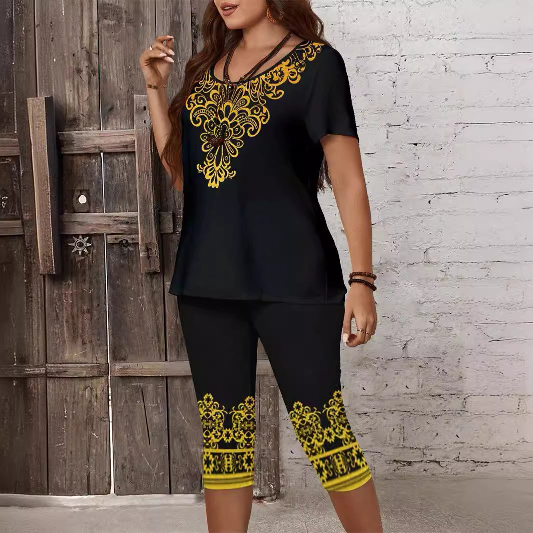 Plus Size Women's Two-piece Printed Round Neck Suit