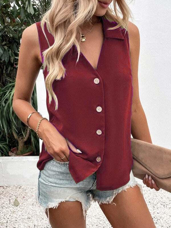 Solid Color V-neck Loose Chiffon Shirt Sleeveless Button Vest