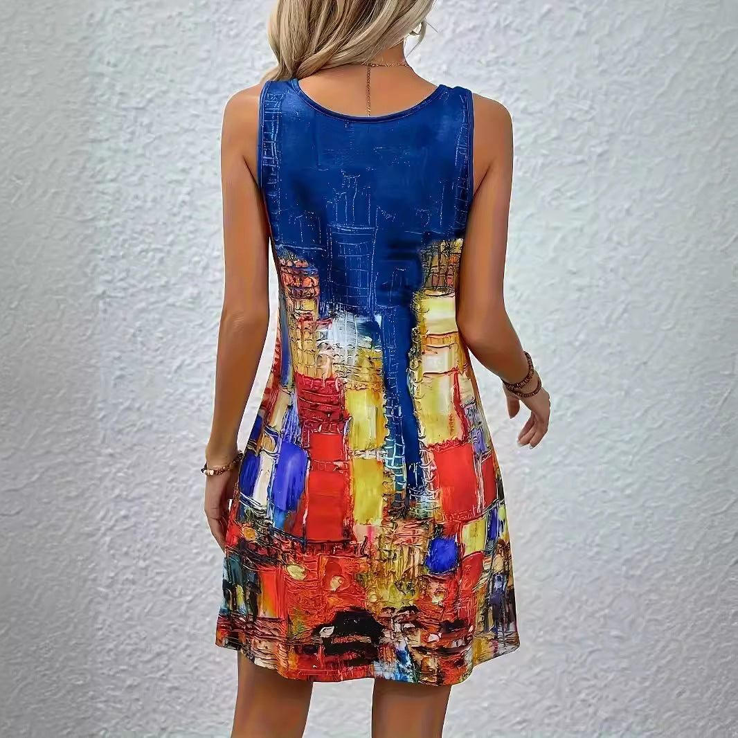 Digital Printed Round Neck Summer Off-the-shoulder Dress