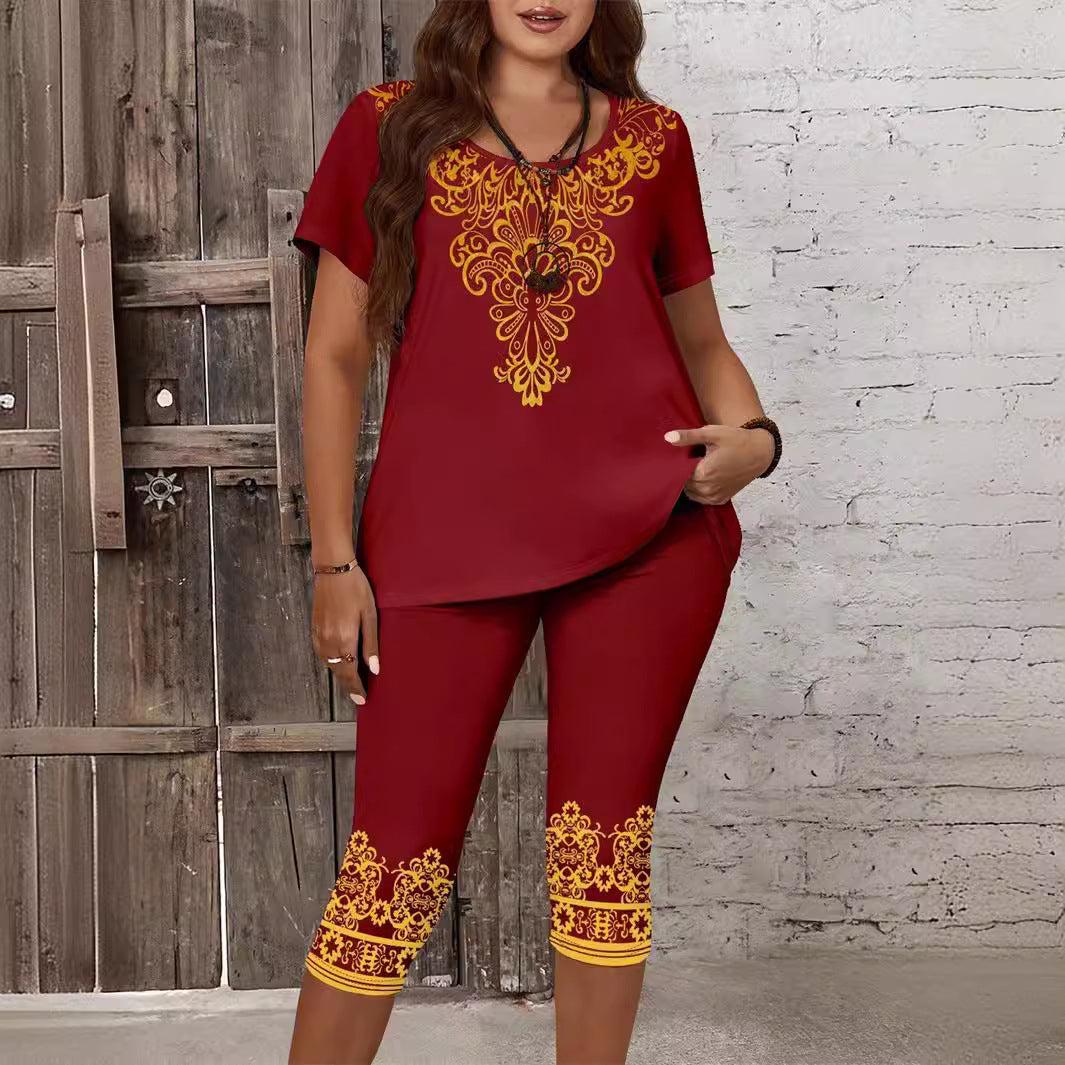 Plus Size Women's Two-piece Printed Round Neck Suit